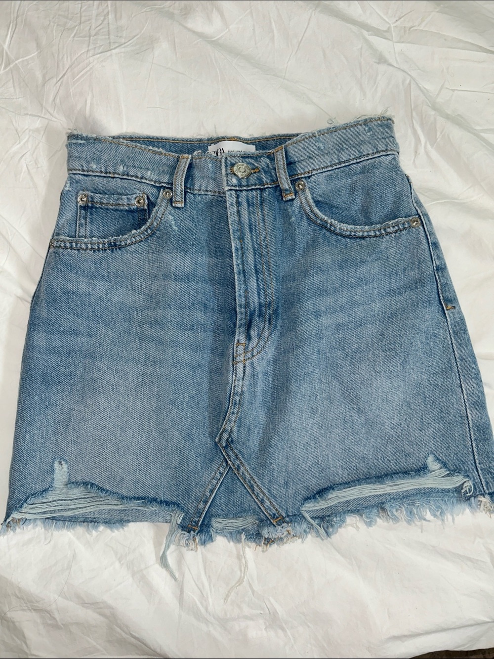 Zara Light Blue Distressed Denim Mini Skirt